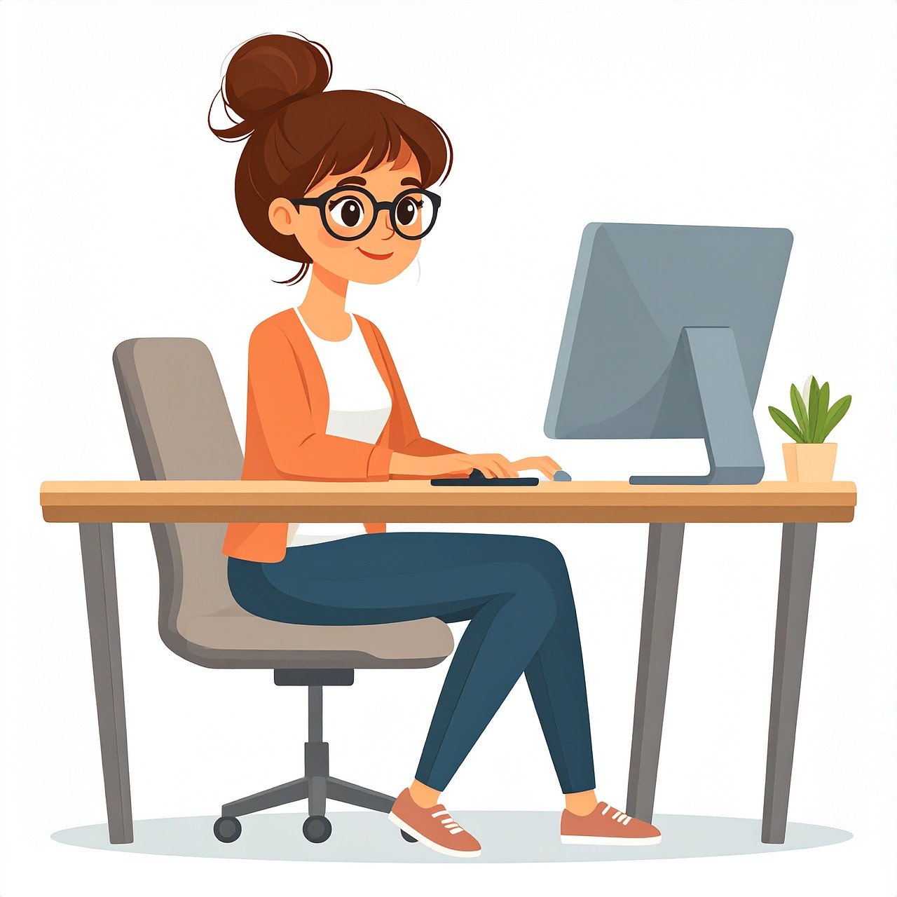 ai généré, femme, chignon décoiffé, bureau, ordinateur, de travail, travailler à domicile, en train d'étudier, entreprise, travailler, espace de travail, dessin animé