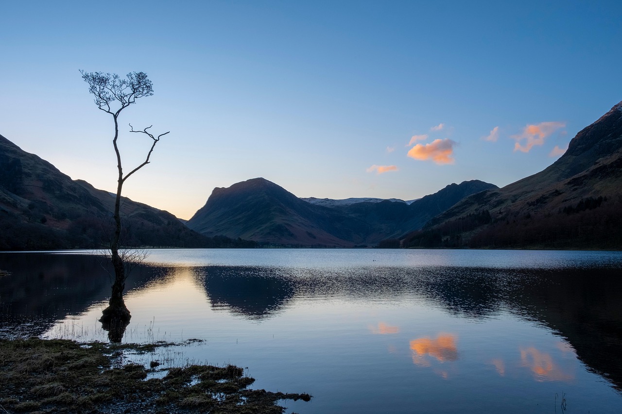 beurre, lac de beurre, matin, lac, parc national, cumbria, la campagne, heure bleue, tôt le matin, serence, paysage, nature, lac, lac, lac, lac, lac, paysage