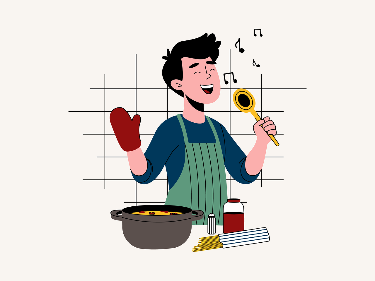 cuisson, cuisiner, chanter, en chantant, cuisine, la musique, pâtes, amusement, loisir, chanteur, aliments, spaghetti, tomate, content, joie