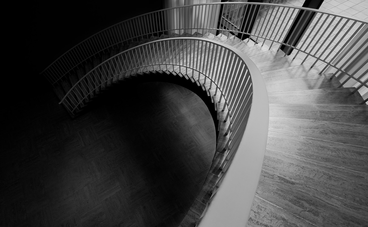escaliers, courbe, l'architecture, escalier en colimaçon, pas, escalier, intérieur, noir et blanc