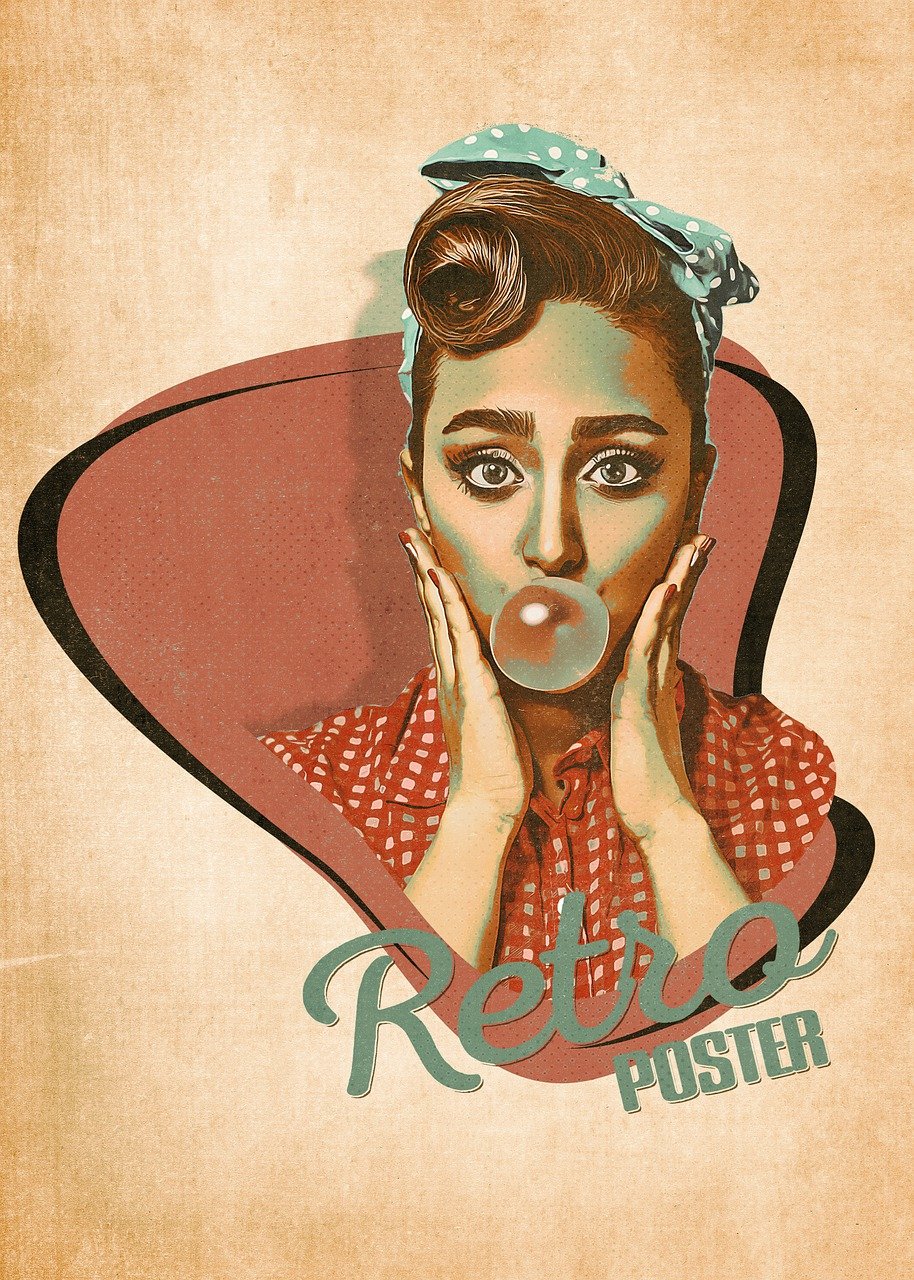 femme, rétro, maquette, humain, personne, portrait, diriger, bulle, chewing-gum, manipulation numérique, art photographique