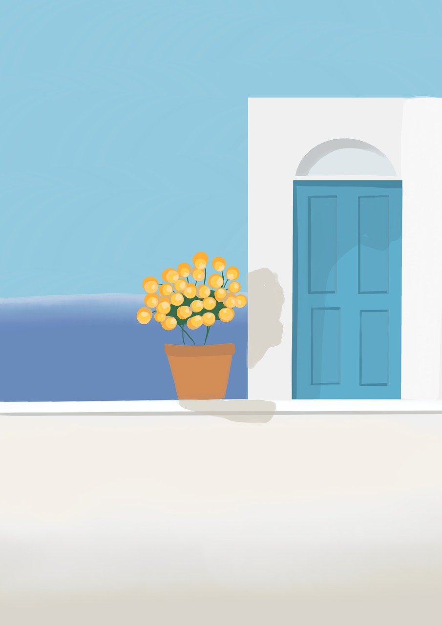 fleur, pot, plante, la nature, maison, porte, mer, art