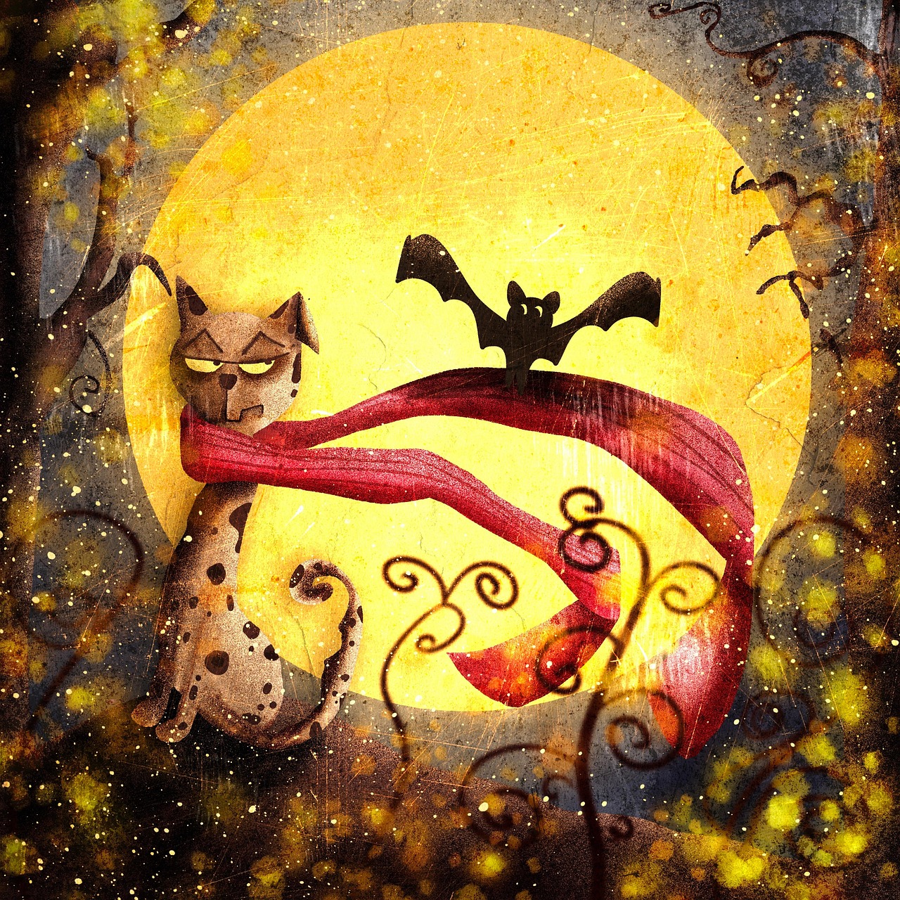 halloween, nature, dessin animé, effrayant, facile, animal de compagnie, lune, cat, grincheux, animal, nuit, chauve souris, écharpe, dessin