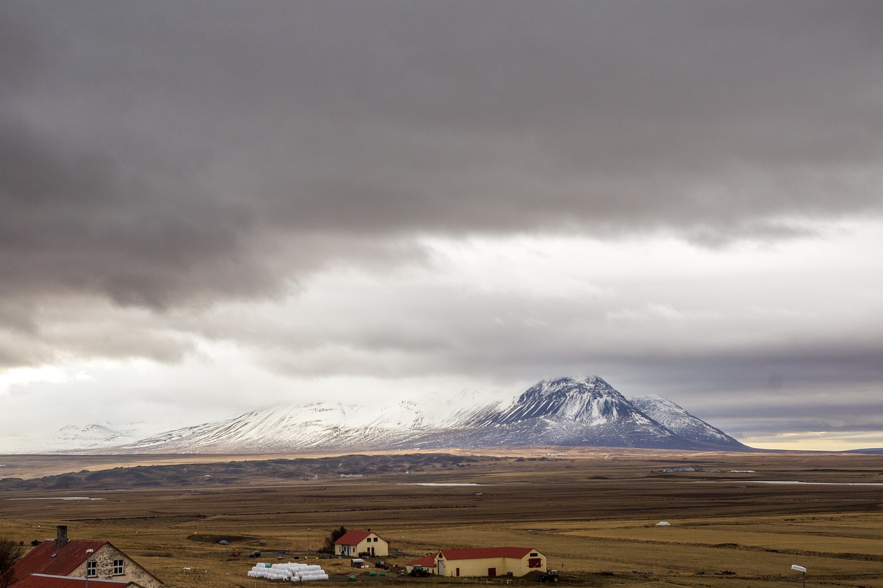 montagne, horizon, islande, ciel, des nuages, vue, paysage, nature, maisons, nordique