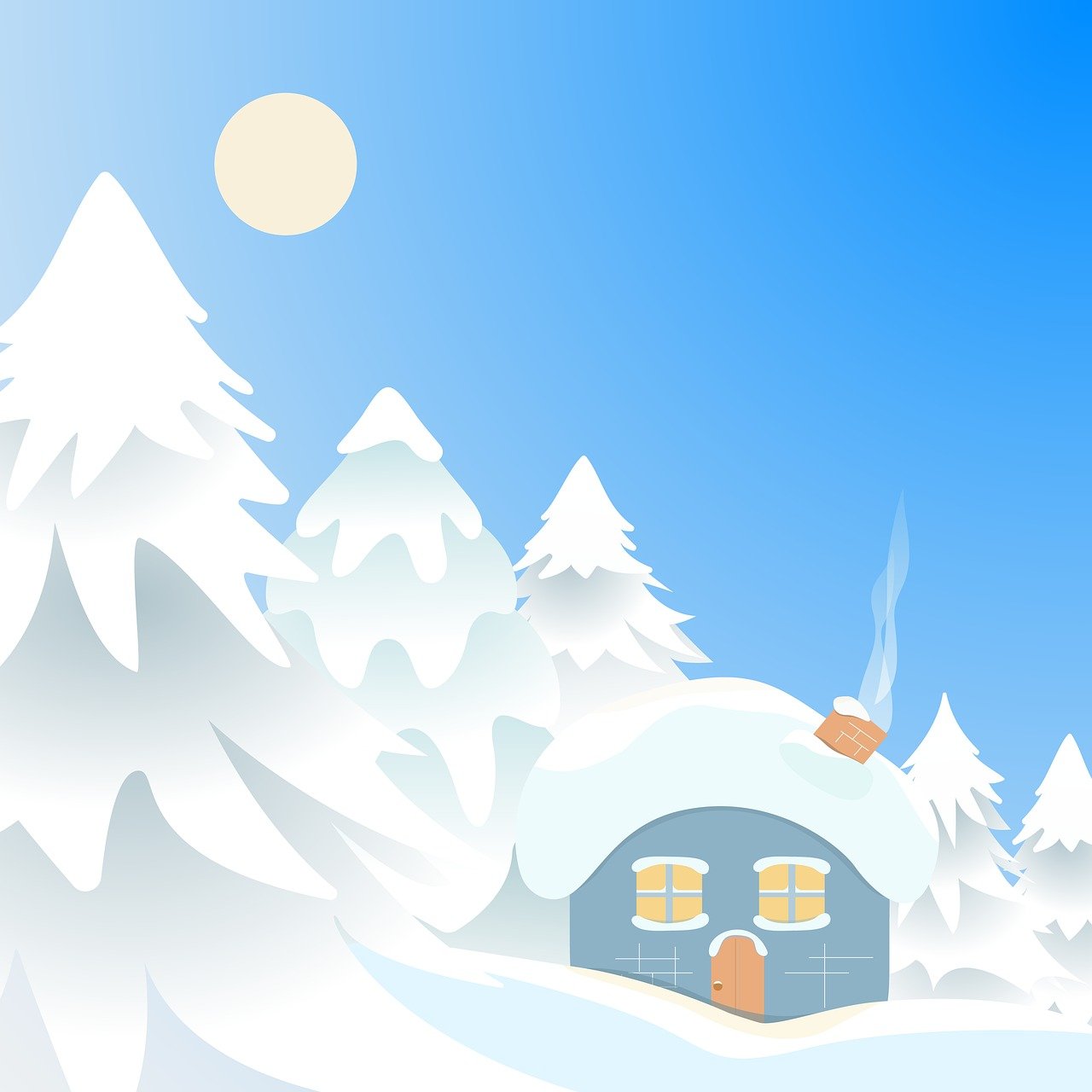 neige, hiver, noël, du froid, blanche, nature, arbre, loger, façade, la fenêtre, domicile, neigeux, ciel bleu, fumée de la cheminée, de fête, dessin animé, idyllique, romantique, ensoleillé, enfantin