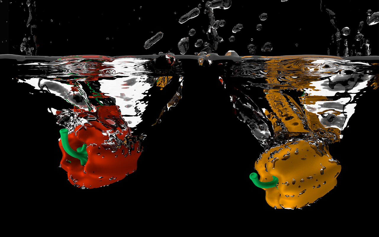 poivrons, l'eau, légumes, sous l'eau, splash, poivrons doux, nature, surface de l'eau, 3d, rendre