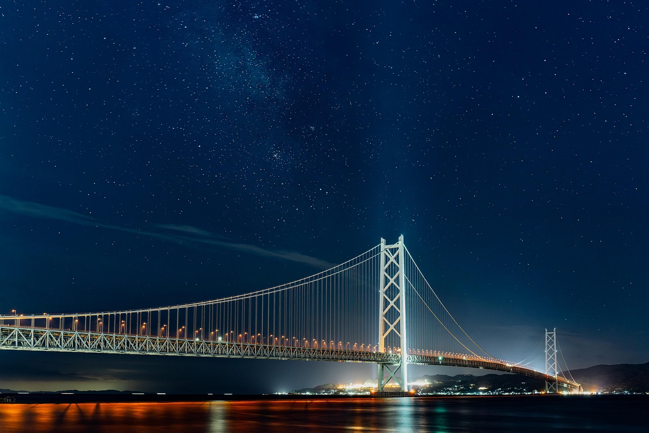 pont, vue de nuit, le akashi-kaikyo bridge, ciel étoilé, voie lactée, le plus long pont suspendu du monde, japon, paysage, pont, pont, pont, pont, pont, ciel étoilé, japon, japon, japon, japon, japon